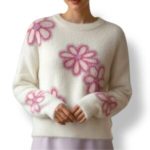 Pink Flower Fuzzy Knit Sweater – Size Small